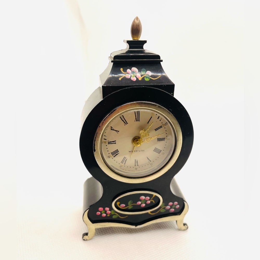 Vintage 1960’s WestClox Windup Clock, Alarm Hand painted Black Floral - USA